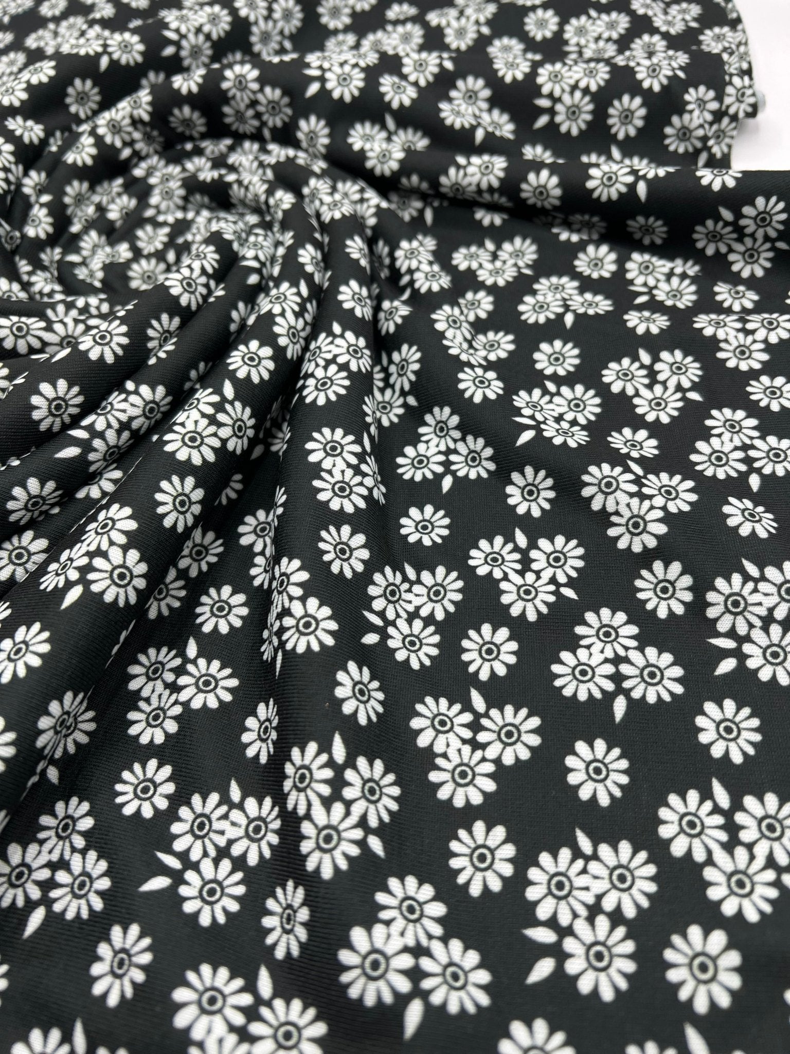 White Flower Print Spun Poly Stretch Fabric - T9 Fabrics